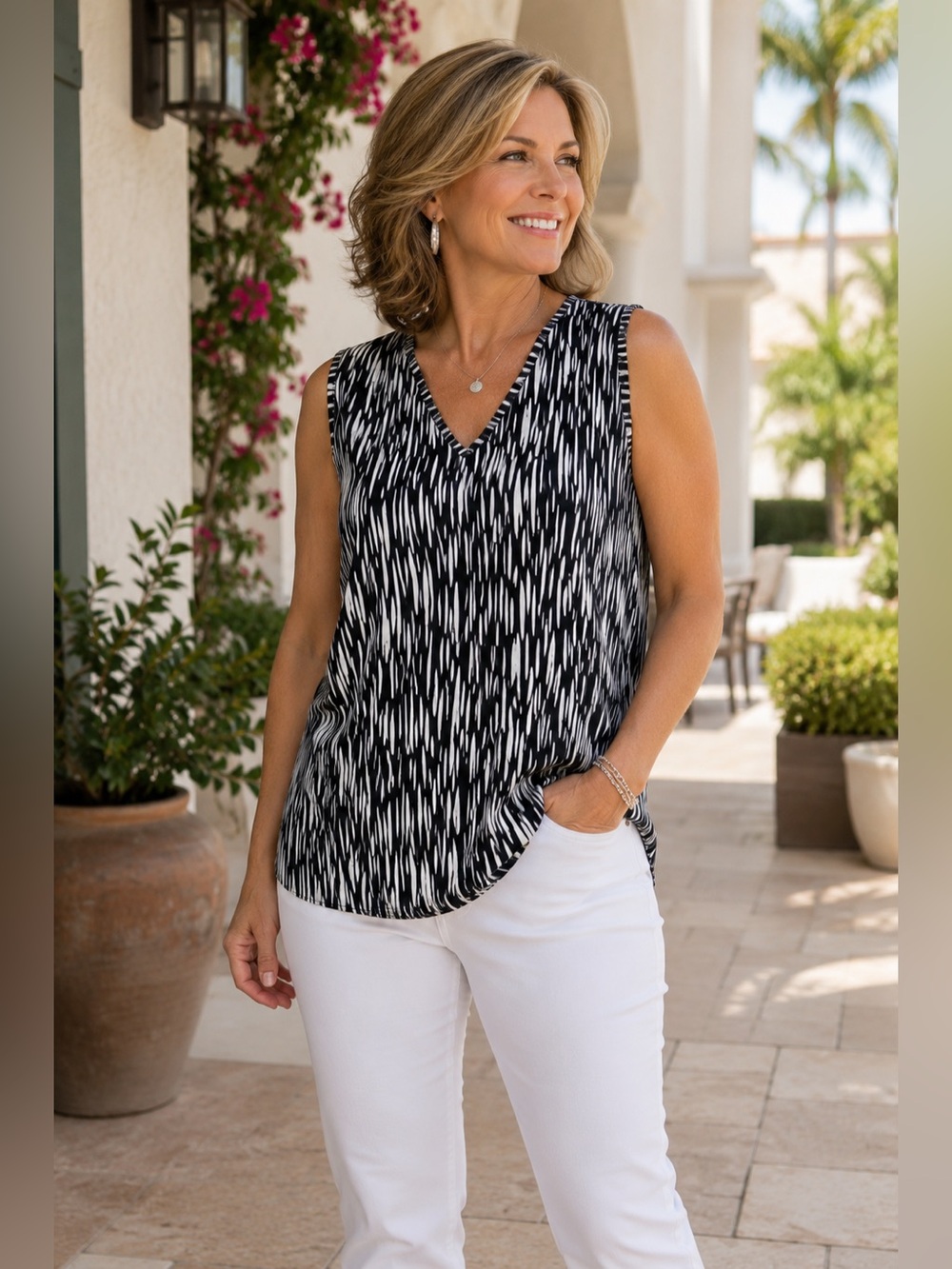 Chico’s Travelers Tank Top Size 2 (12/14) Black White Abstract V-Neck Stretch